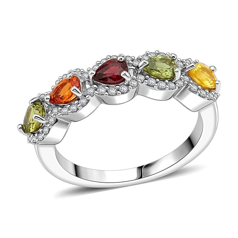D'Joy Premium Multi Sapphire and White Zircon 1.80 ctw Petal Glow Band Ring in Rhodium Over Sterling Silver (Size 10.0)