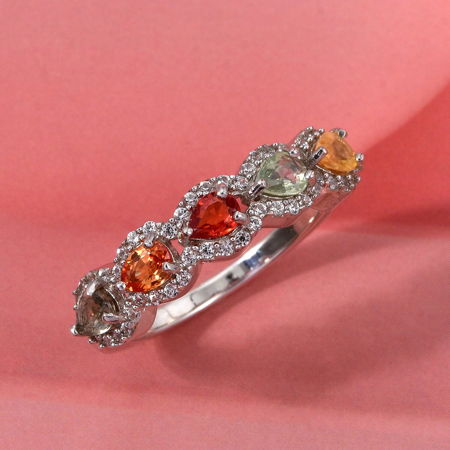 D'Joy Premium Multi Sapphire and White Zircon 1.80 ctw Petal Glow Band Ring in Rhodium Over Sterling Silver (Size 10.0)
