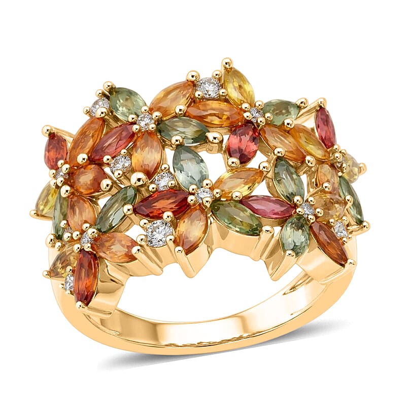 D'Joy Premium Multi Sapphire and White Zircon 3.85 ctw Garden Bloom Ring in 18K Vermeil Yellow Gold Over Sterling Silver (Size 10.0)