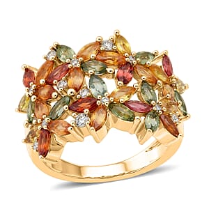 D'Joy Premium Multi Sapphire and White Zircon 3.85 ctw Garden Bloom Ring in 18K Vermeil Yellow Gold Over Sterling Silver (Size 7.0)