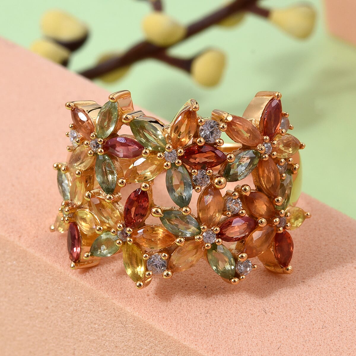 D'Joy Premium Multi Sapphire and White Zircon 3.85 ctw Garden Bloom Ring in 18K Vermeil Yellow Gold Over Sterling Silver (Size 7.0) image number 1