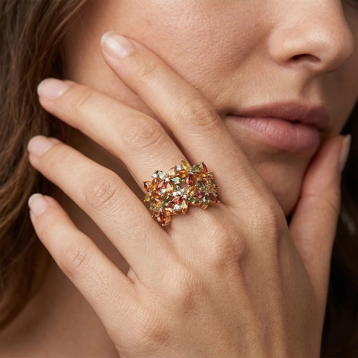 D'Joy Premium Multi Sapphire and White Zircon 3.85 ctw Garden Bloom Ring in 18K Vermeil Yellow Gold Over Sterling Silver (Size 7.0) image number 2