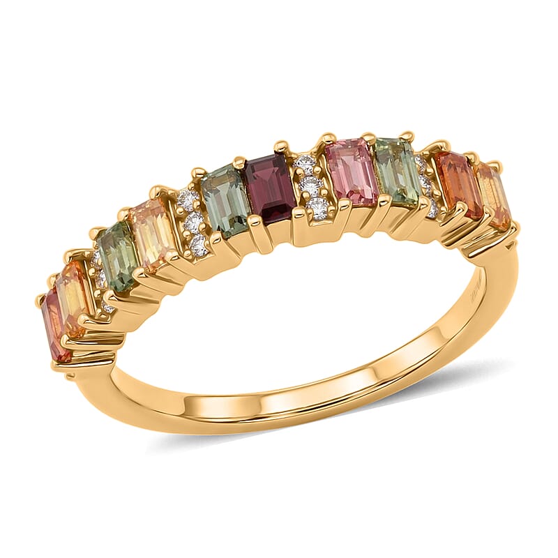 D'Joy Premium Multi Sapphire and Moissanite 1.10 ctw Spectrum Bar Ring in 18K Vermeil Yellow Gold Over Sterling Silver (Size 10.0)