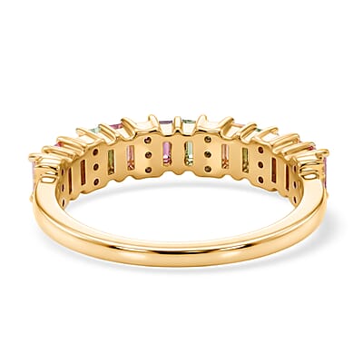 D'Joy Premium Multi Sapphire and Moissanite 1.10 ctw Spectrum Bar Ring in 18K Vermeil Yellow Gold Over Sterling Silver (Size 10.0)
