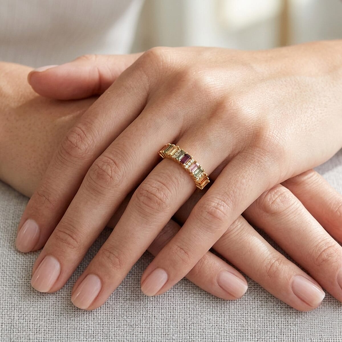 D'Joy Premium Multi Sapphire and Moissanite 1.10 ctw Spectrum Bar Ring in 18K Vermeil Yellow Gold Over Sterling Silver (Size 6.0) image number 2