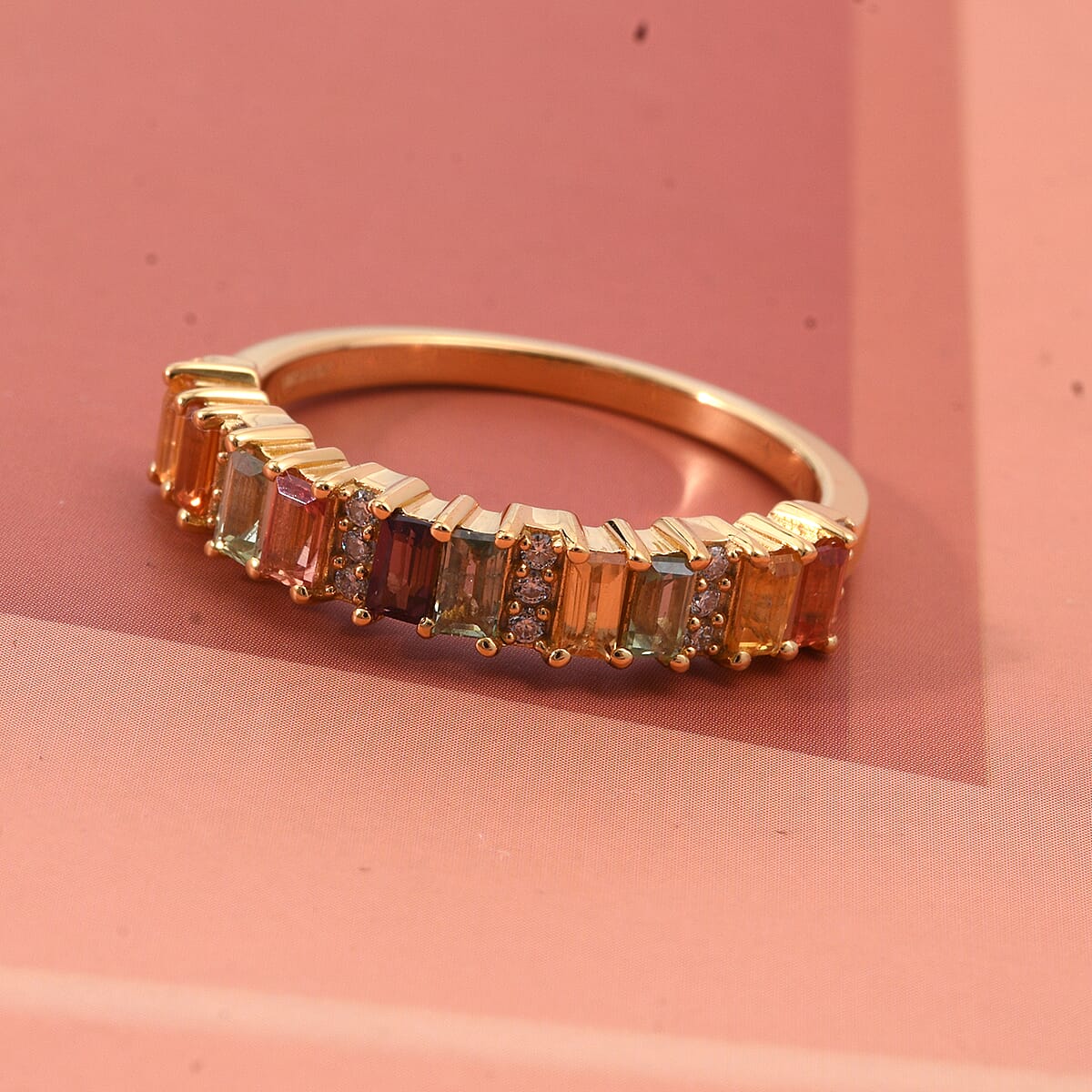 D'Joy Premium Multi Sapphire and Moissanite 1.10 ctw Spectrum Bar Ring in 18K Vermeil Yellow Gold Over Sterling Silver (Size 7.0) image number 1