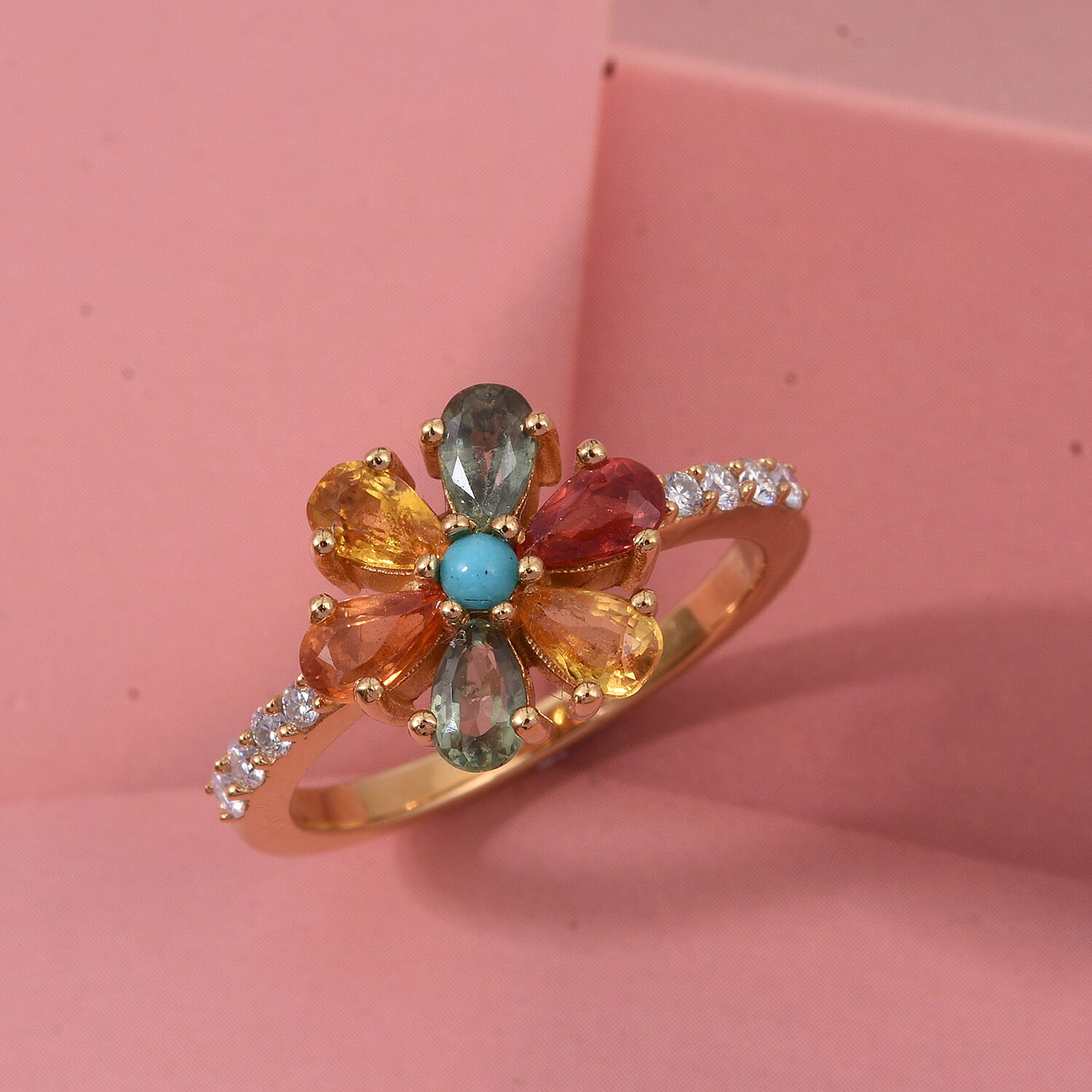 D'Joy Premium Multi Sapphire and Multi Gemstone 2.40 ctw Color Flower Ring in 18K Vermeil Yellow Gold Over Sterling Silver (Size 10.0)