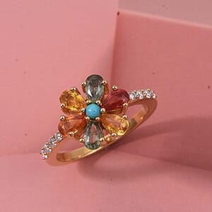 D'Joy Premium Multi Sapphire and Multi Gemstone 2.40 ctw Color Flower Ring in 18K Vermeil Yellow Gold Over Sterling Silver (Size 5.0)