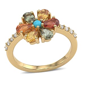 D'Joy Premium Multi Sapphire and Multi Gemstone 1.75 ctw Color Flower Ring in 18K Vermeil Yellow Gold Over Sterling Silver (Size 7.0)