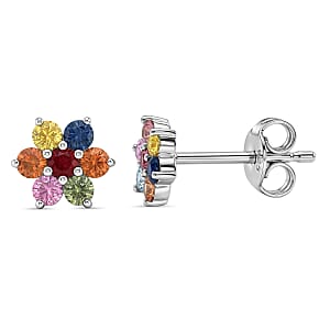 D'Joy Premium Multi Sapphire 0.70 ctw Rainbow Bloom Studs Earrings in Rhodium Over Sterling Silver