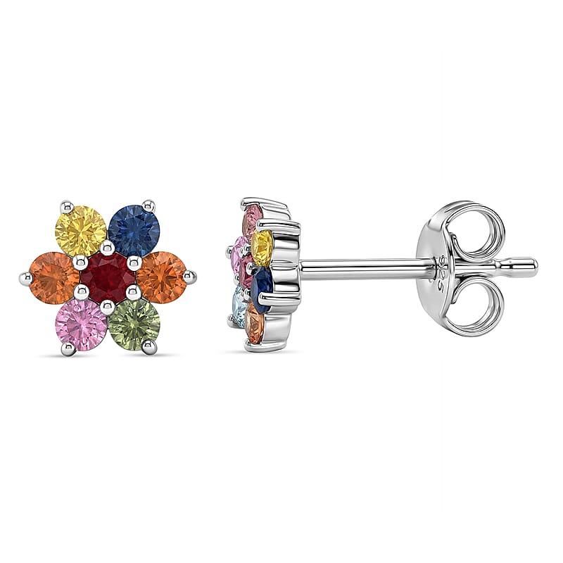 D'Joy Premium Multi Sapphire 0.70 ctw Rainbow Bloom Studs Earrings in Rhodium Over Sterling Silver