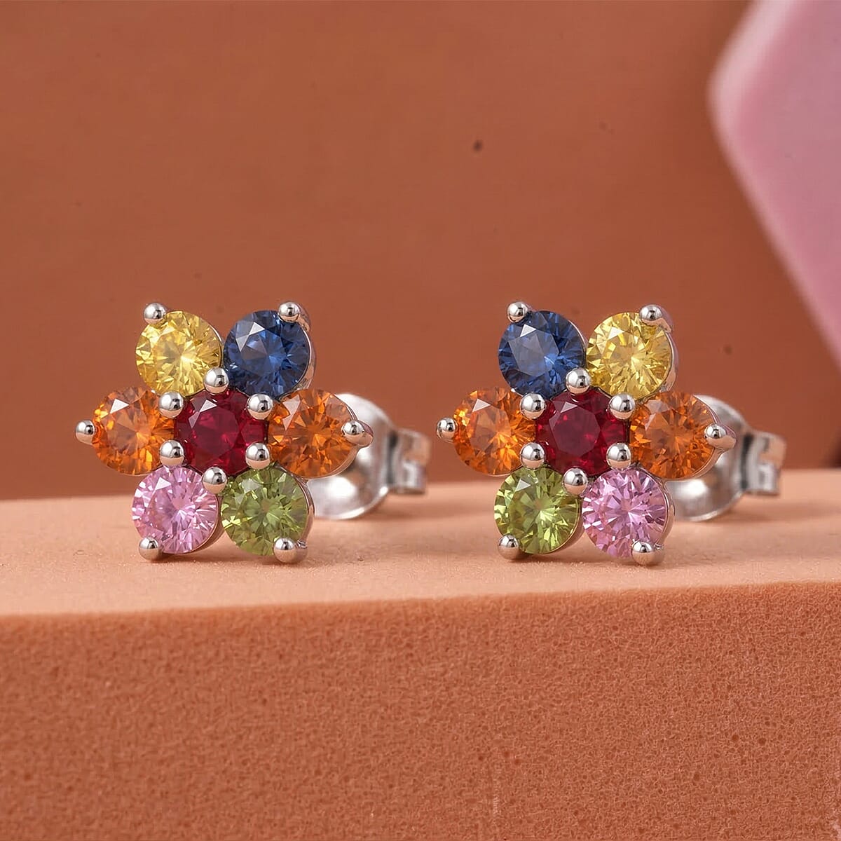 D'Joy Premium Multi Sapphire 0.70 ctw Rainbow Bloom Studs Earrings in Rhodium Over Sterling Silver image number 1