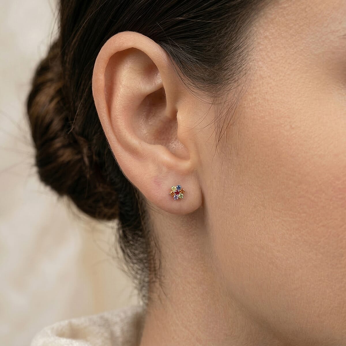 D'Joy Premium Multi Sapphire 0.70 ctw Rainbow Bloom Studs Earrings in Rhodium Over Sterling Silver image number 2