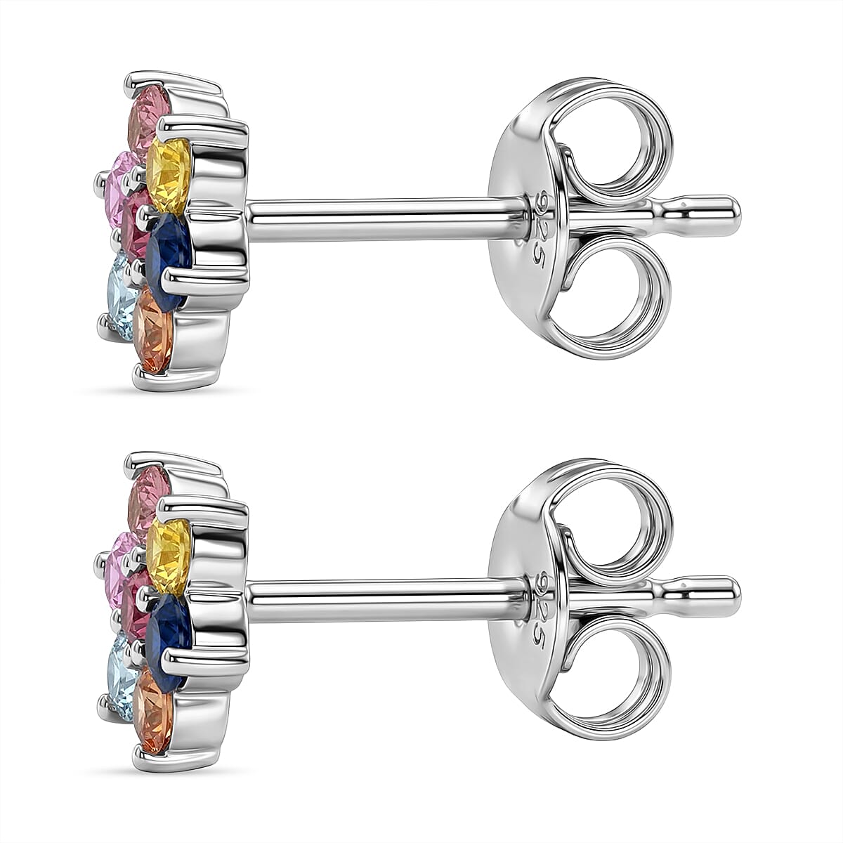 D'Joy Premium Multi Sapphire 0.70 ctw Rainbow Bloom Studs Earrings in Rhodium Over Sterling Silver image number 3