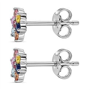 D'Joy Premium Multi Sapphire 0.70 ctw Rainbow Bloom Studs Earrings in Rhodium Over Sterling Silver