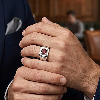 EverTrue Mozambique Garnet and Moissanite 1.00 ctw Men's Ring in Platinum Bond (Size 9.0)