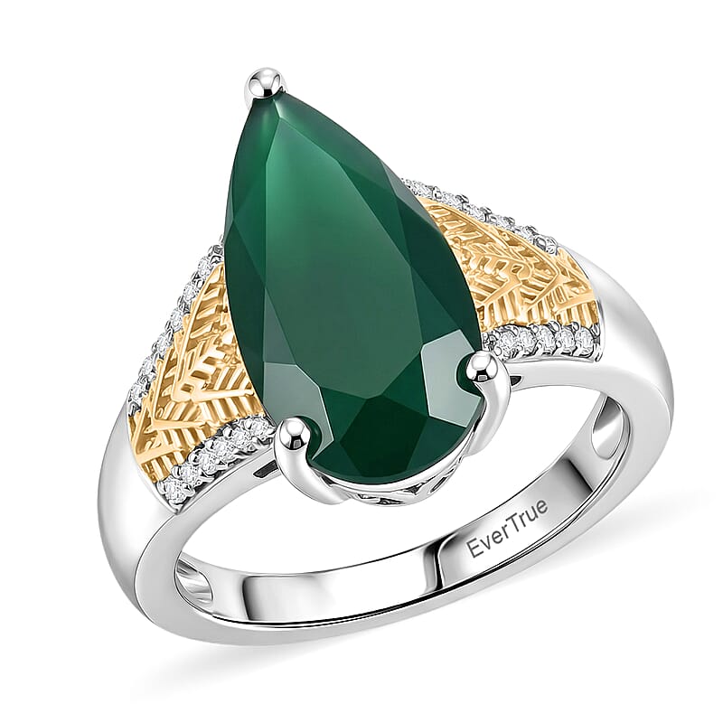 EverTrue Verde Onyx and White Zircon 4.00 ctw Lushy Leaf Ring in 18K YG Plated and Platinum Bond (Size 11.0)
