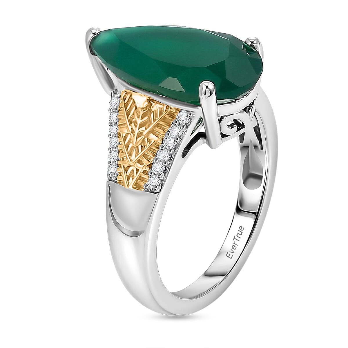 EverTrue Verde Onyx and White Zircon 4.00 ctw Lushy Leaf Ring in 18K YG Plated and Platinum Bond (Size 9.0)