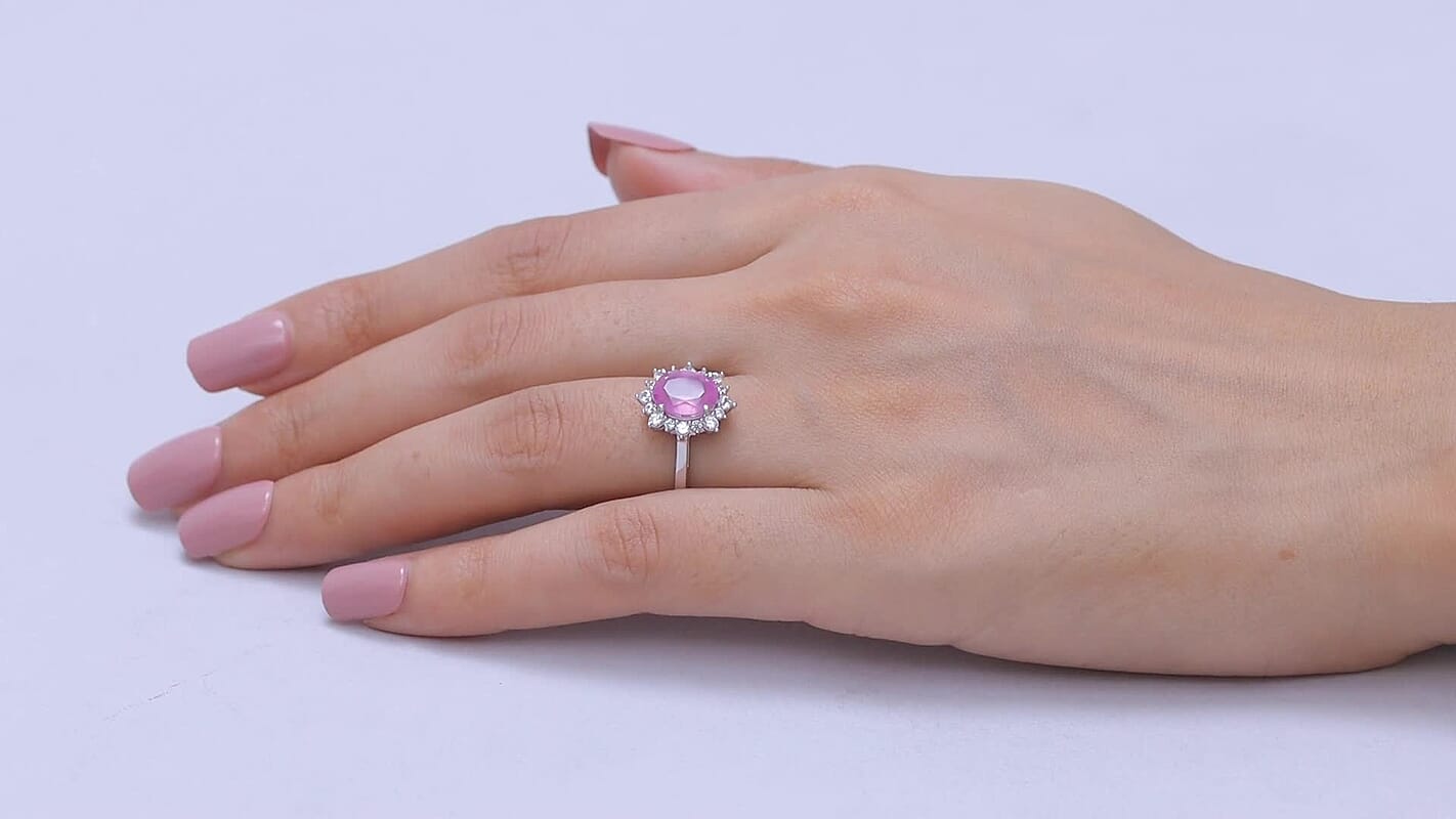 EverTrue Ilakaka Hot Pink Sapphire (FF), White Zircon Ring in Platinum Bond (Size 6.0) 3.40 ctw