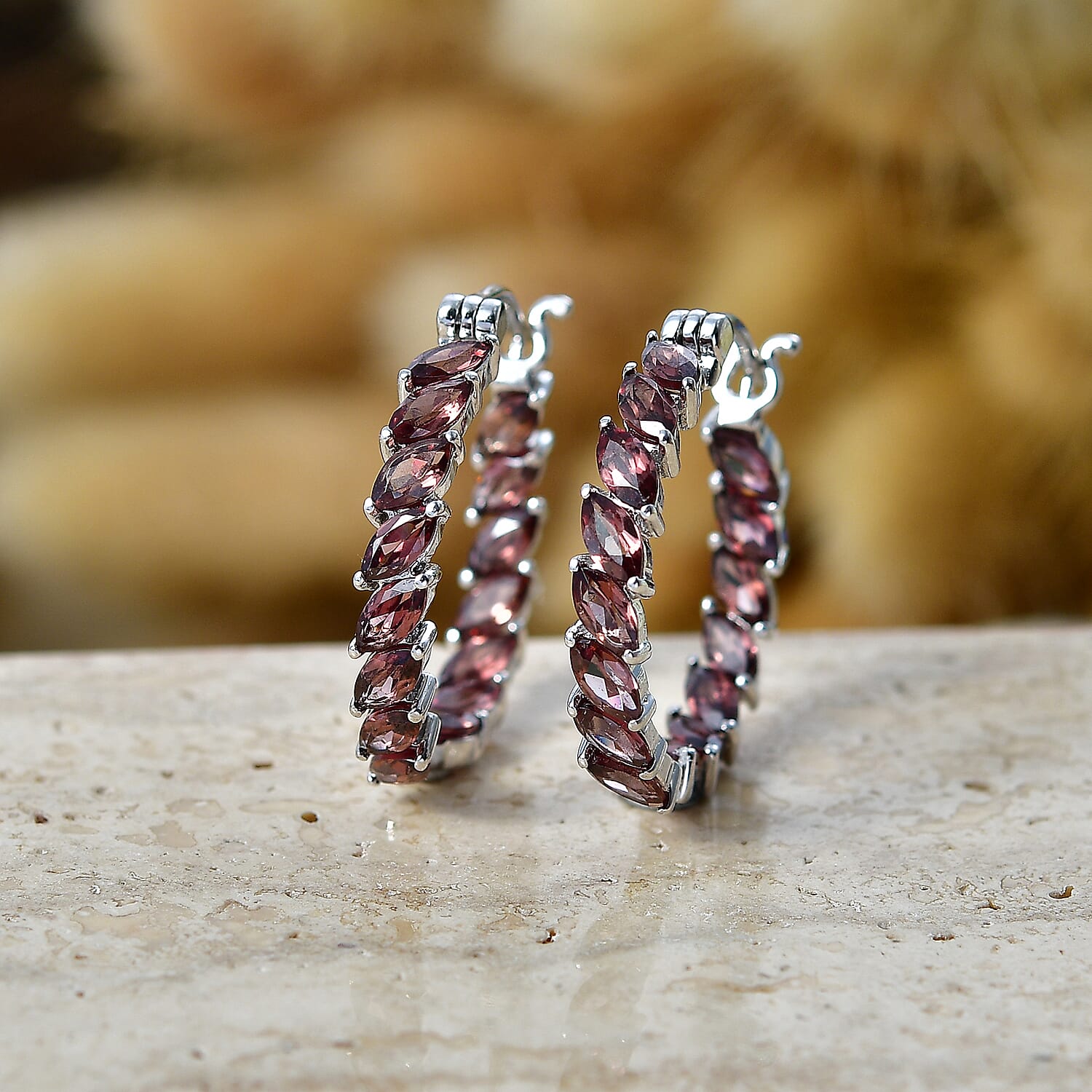 EverTrue Raspberry Zircon 7.00 ctw Hoop Earrings in Platinum Bond