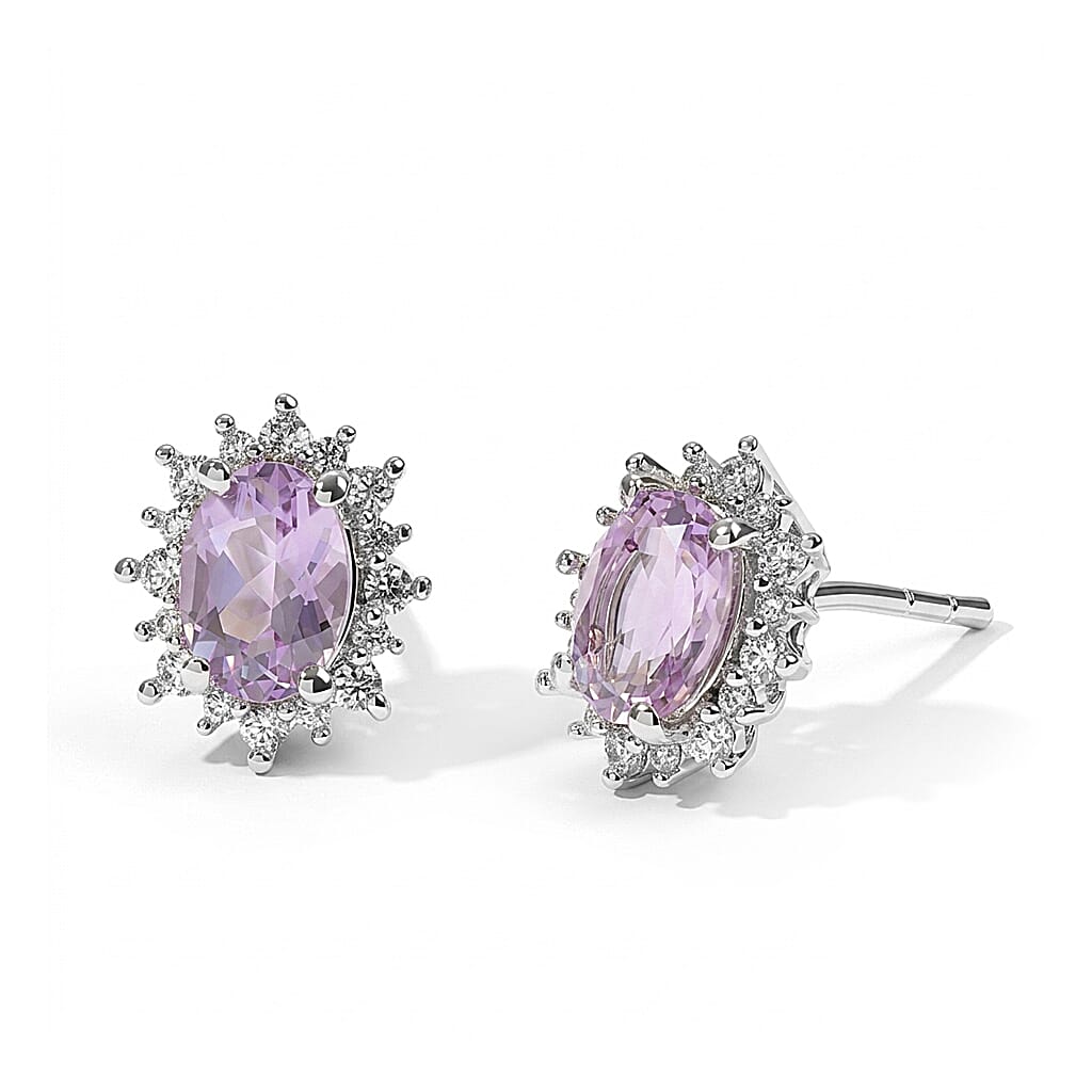 EverTrue Rose De France Amethyst and White Zircon 1.85 ctw Earrings in Platinum Bond