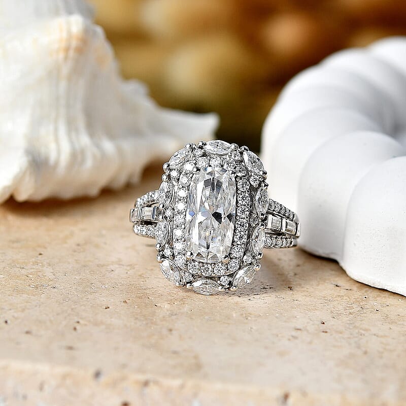D'Joy Moissanite 4.20 ctw Ring in Rhodium Over Sterling Silver (Size 6.0)