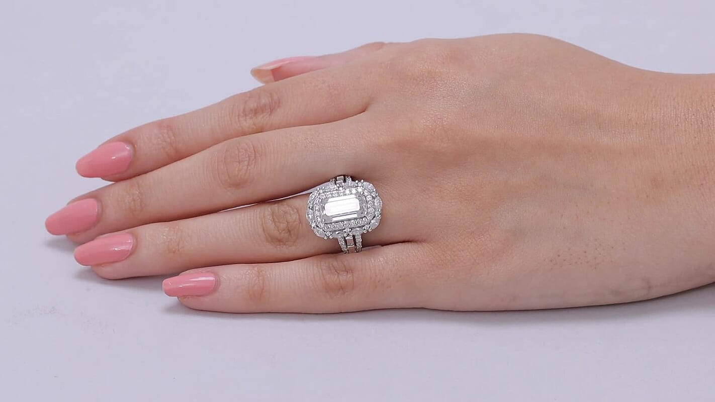 TLV D'Joy Moissanite (Cush 12x6mm) Ring in Rhodium Over Sterling Silver (Size 10.0) 4.20 ctw