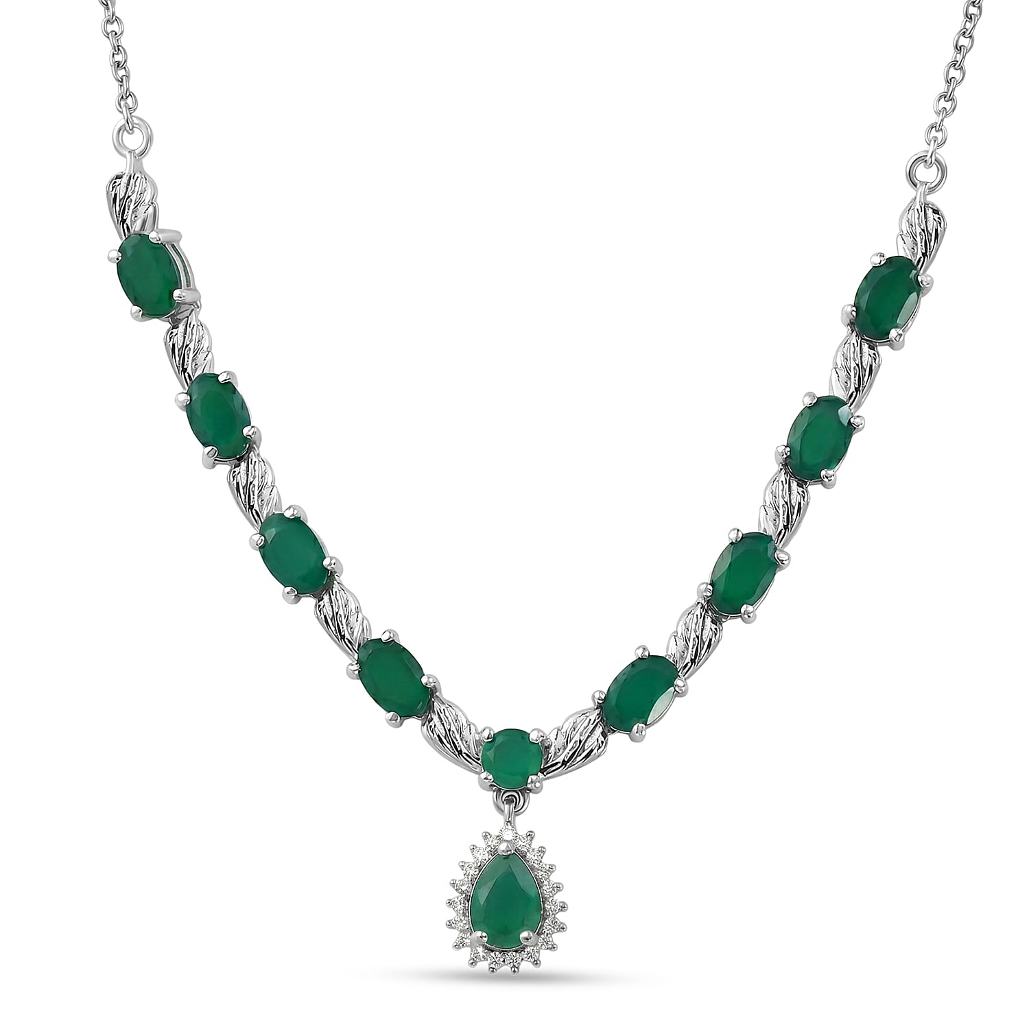 EverTrue Green Onyx and White Zircon 4.75 ctw Necklace in Platinum Bond and Stainless Steel 18 Inches