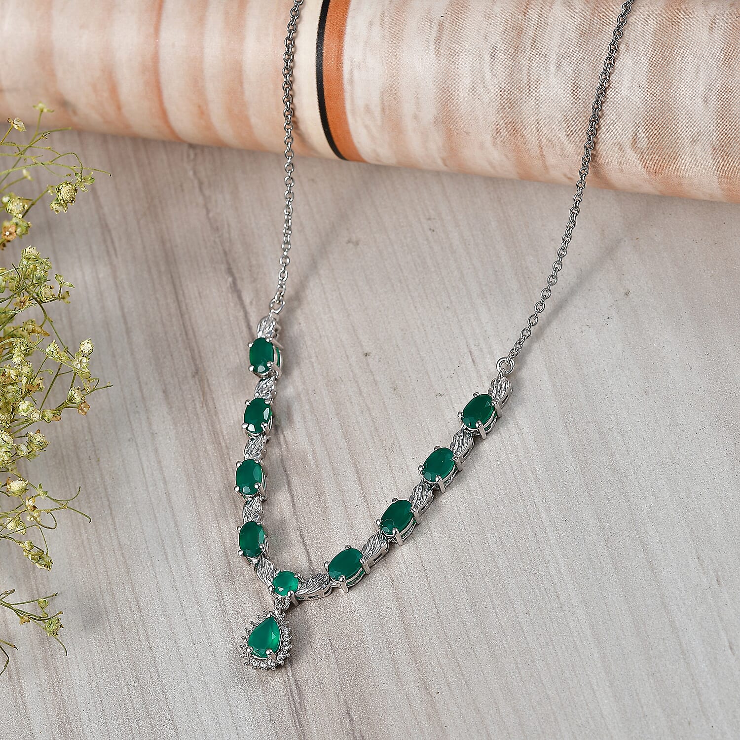 EverTrue Green Onyx and White Zircon 4.75 ctw Necklace in Platinum Bond and Stainless Steel 18 Inches