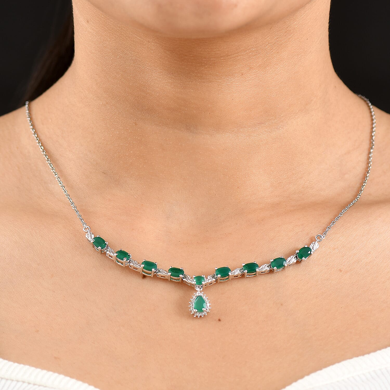 EverTrue Green Onyx and White Zircon 4.75 ctw Necklace in Platinum Bond and Stainless Steel 18 Inches