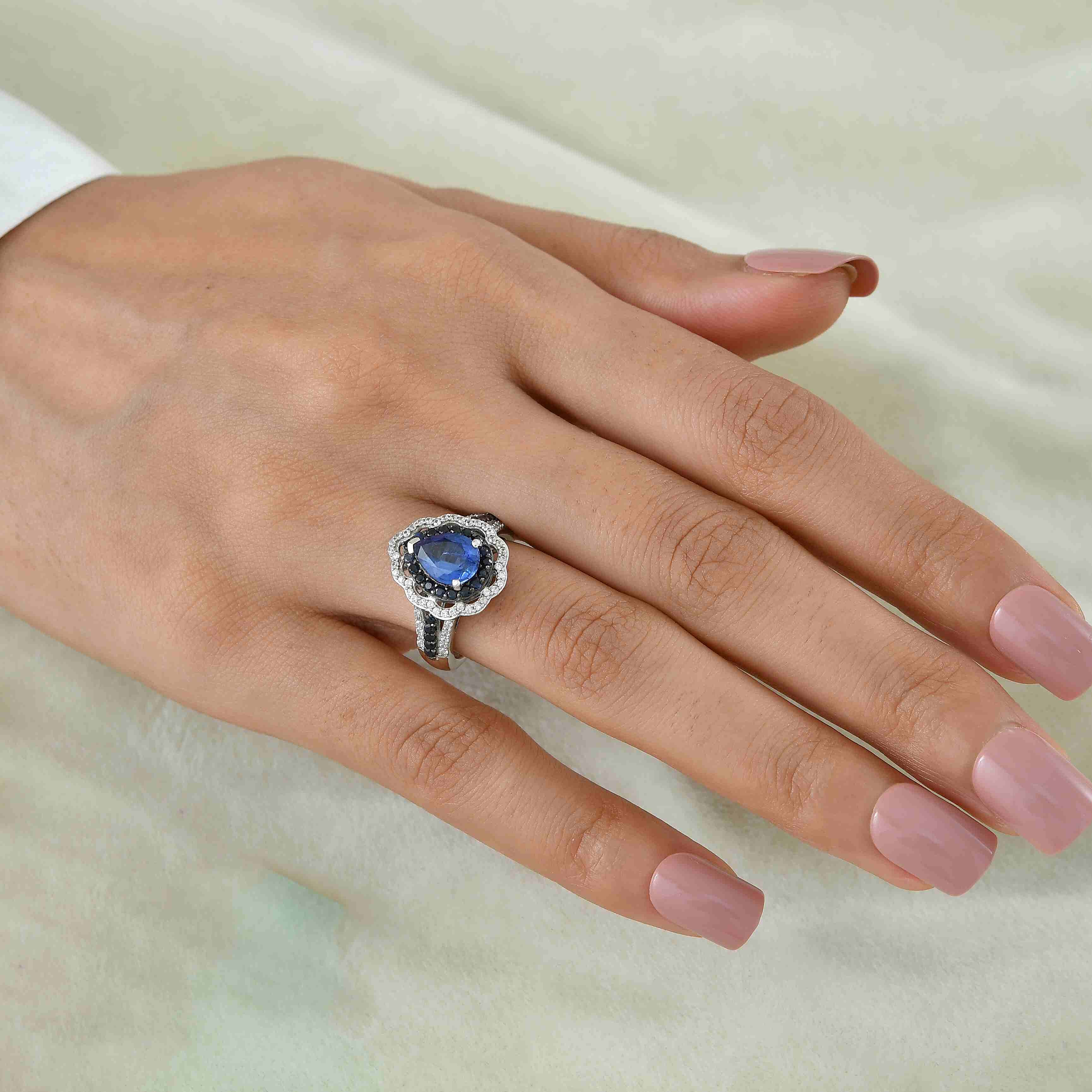 D'Joy Kashmir Kyanite and Multi Gemstone 3.40 ctw Camellia Floral Ring in Rhodium Over Sterling Silver (Size 6.0)