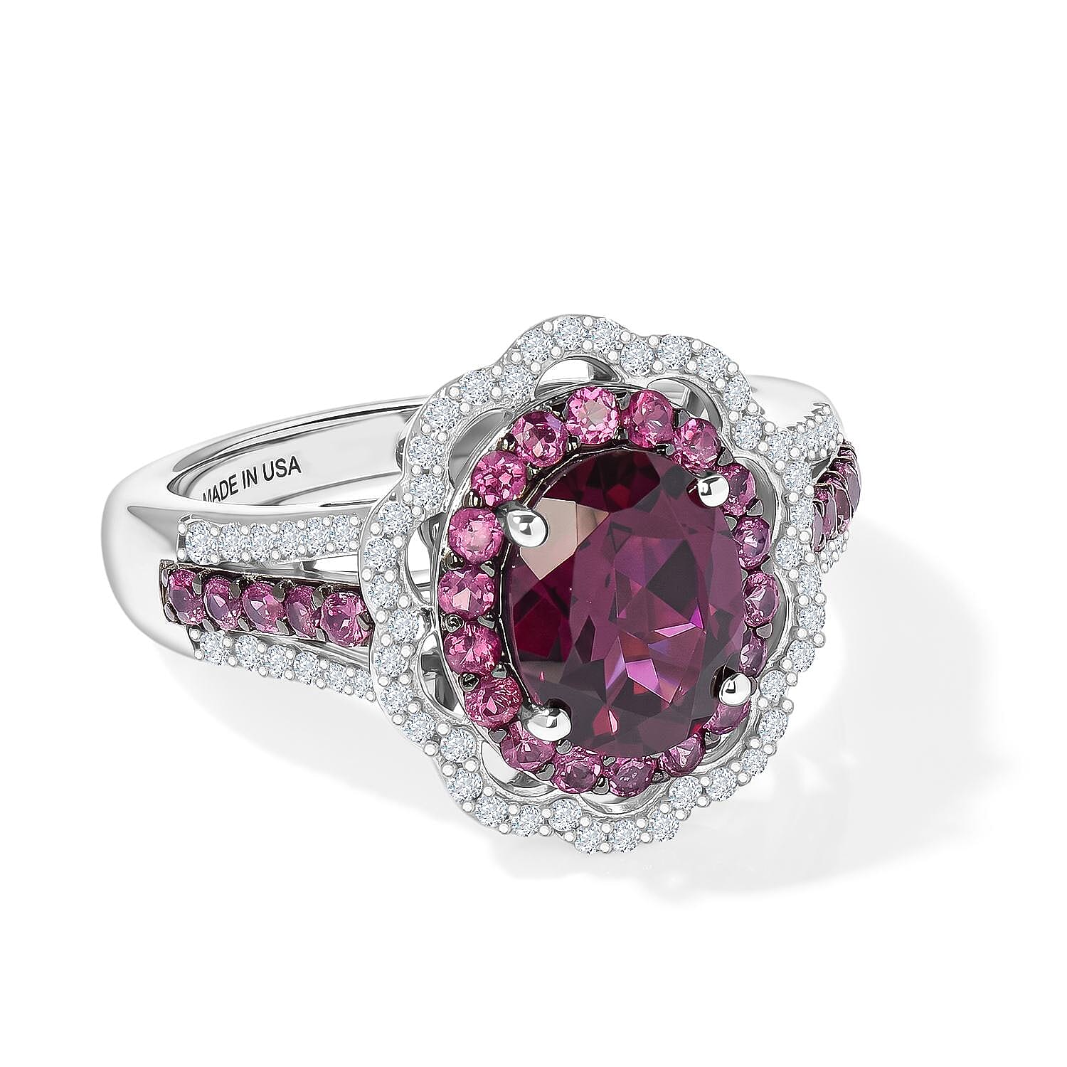 D'Joy Orissa Rhodolite Garnet and White Zircon 3.50 ctw Camellia Floral Ring in Rhodium Over Sterling Silver (Size 6.0)