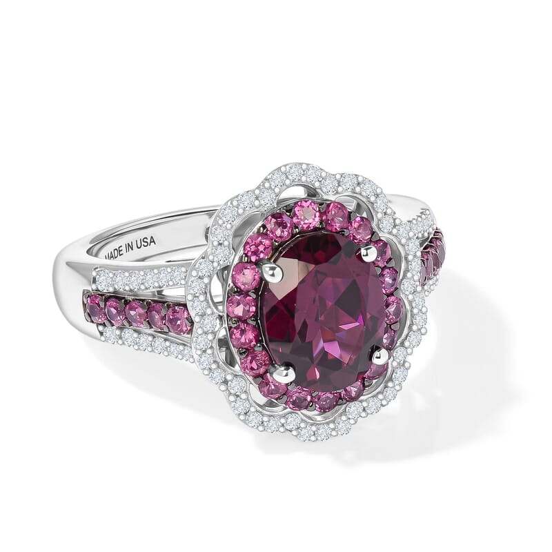 D'Joy Orissa Rhodolite Garnet and White Zircon 3.50 ctw Camellia Floral Ring in Rhodium Over Sterling Silver (Size 6.0)
