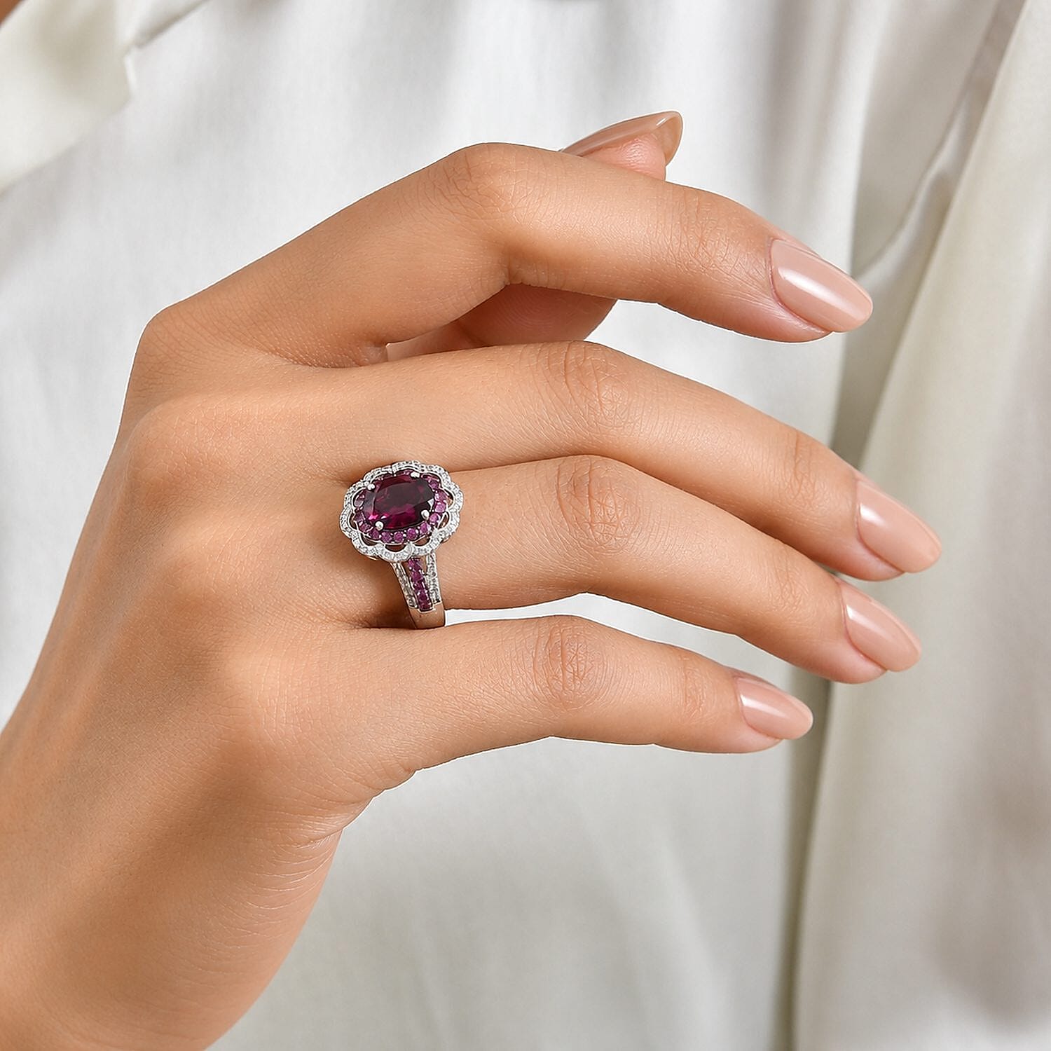 D'Joy Orissa Rhodolite Garnet and White Zircon 3.50 ctw Camellia Floral Ring in Rhodium Over Sterling Silver (Size 6.0)
