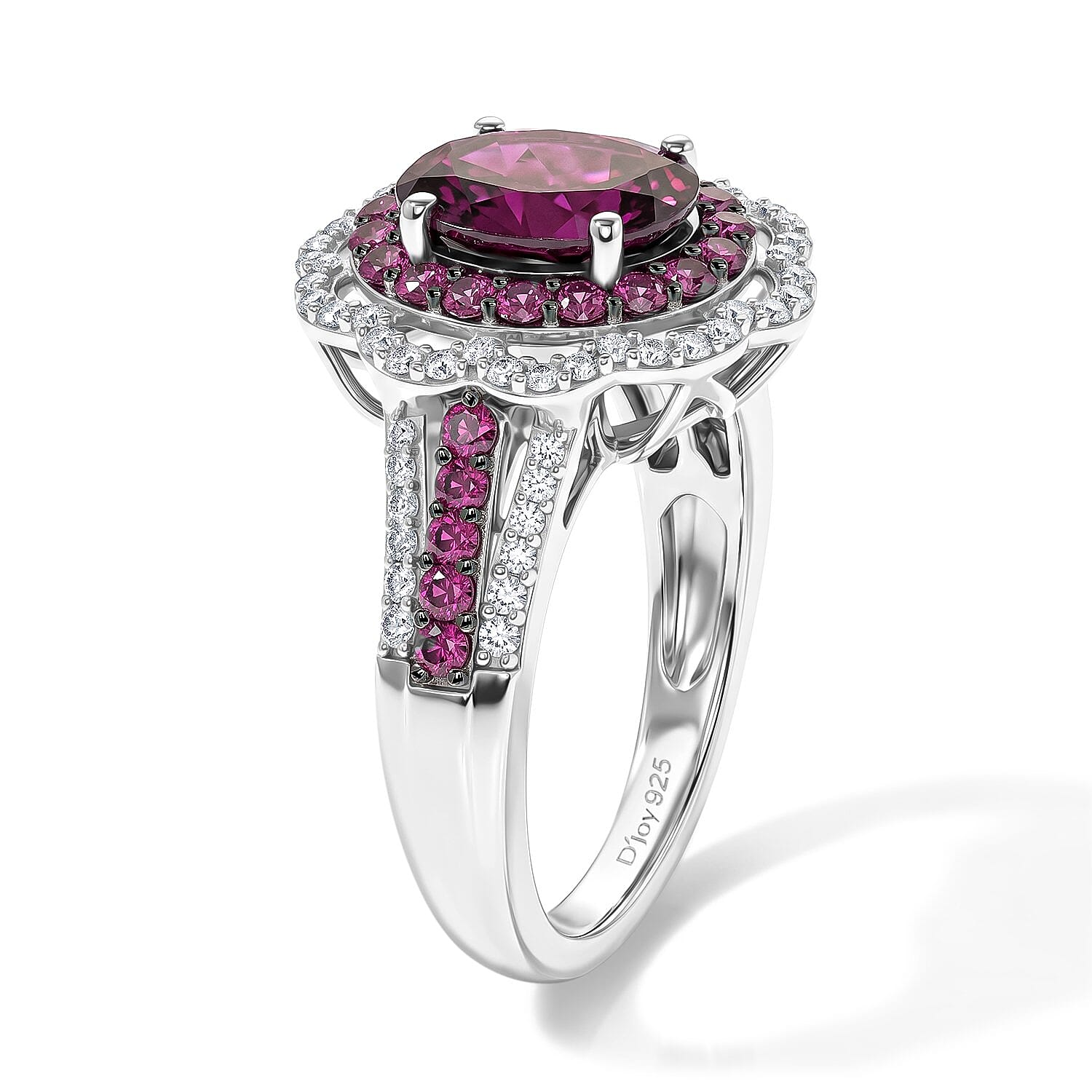 D'Joy Orissa Rhodolite Garnet and White Zircon 3.50 ctw Camellia Floral Ring in Rhodium Over Sterling Silver (Size 6.0)
