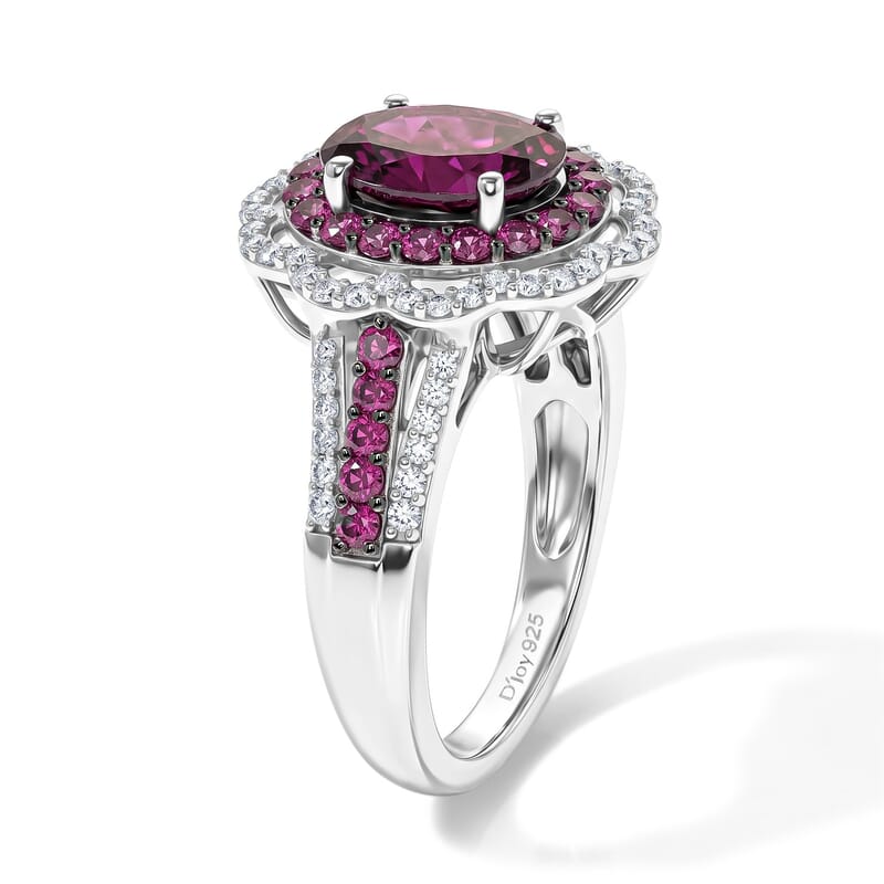 D'Joy Orissa Rhodolite Garnet and White Zircon 3.50 ctw Camellia Floral Ring in Rhodium Over Sterling Silver (Size 6.0)
