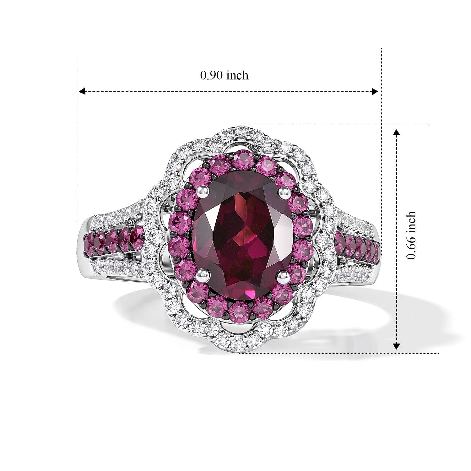 D'Joy Orissa Rhodolite Garnet and White Zircon 3.50 ctw Camellia Floral Ring in Rhodium Over Sterling Silver (Size 6.0)
