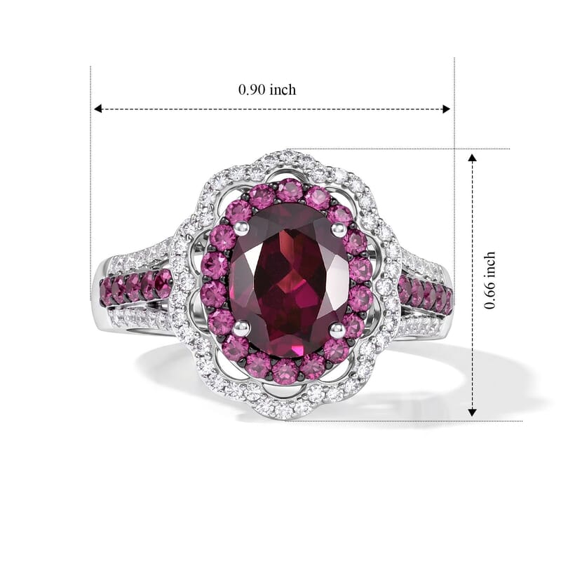 D'Joy Orissa Rhodolite Garnet and White Zircon 3.50 ctw Camellia Floral Ring in Rhodium Over Sterling Silver (Size 6.0)
