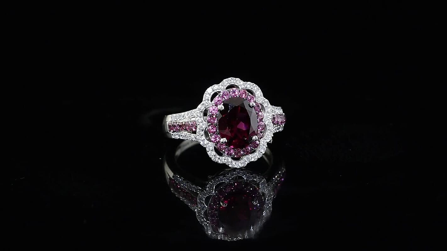 D''Joy Orissa Rhodolite Garnet, White Zircon Ring in Rhodium Over Sterling Silver (Size 7.0) 3.50 ctw