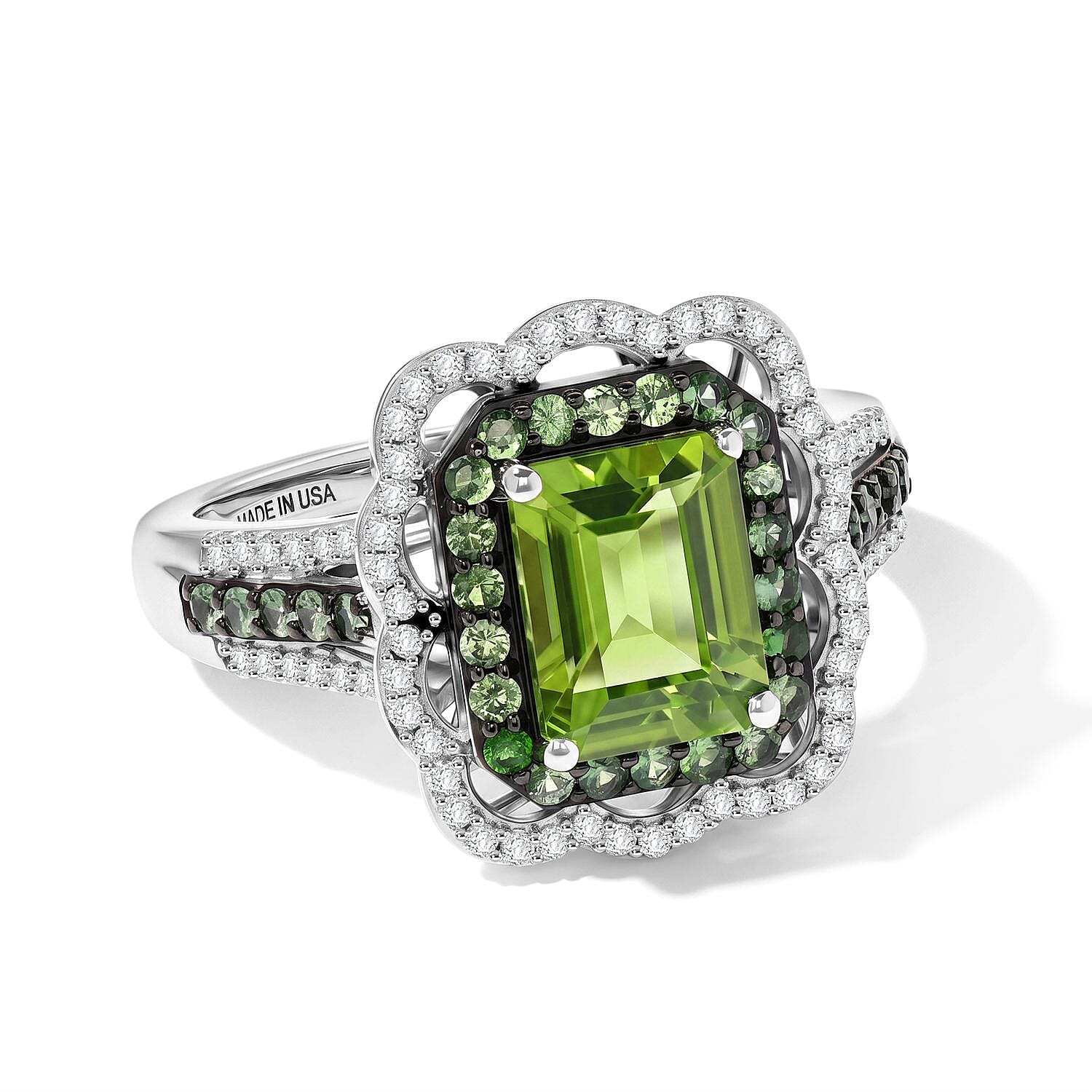 D'Joy Hebei Peridot and Multi Gemstone 3.65 ctw Camellia Floral Ring in Rhodium Over Sterling Silver (Size 6.0)