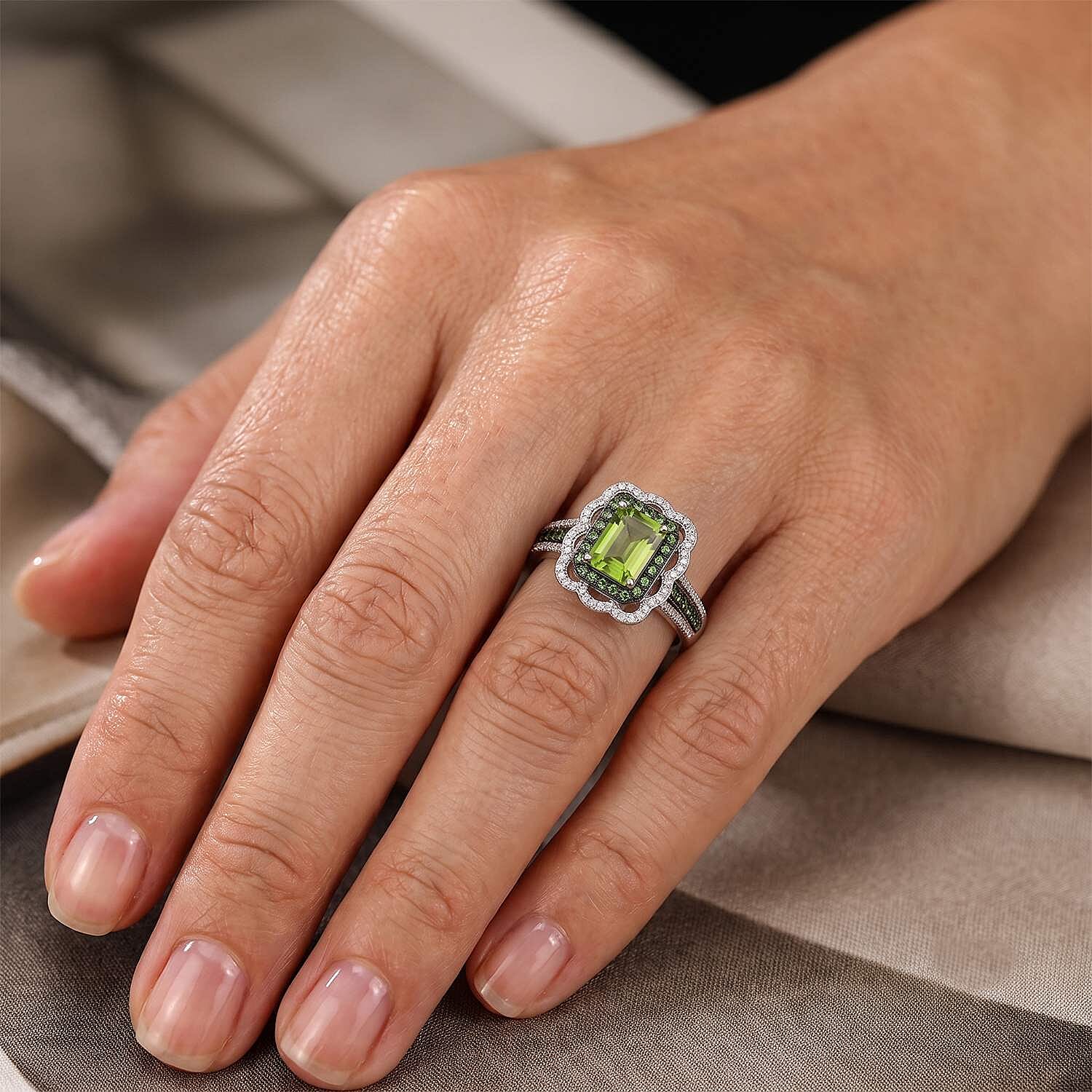 D'Joy Hebei Peridot and Multi Gemstone 3.65 ctw Camellia Floral Ring in Rhodium Over Sterling Silver (Size 6.0)