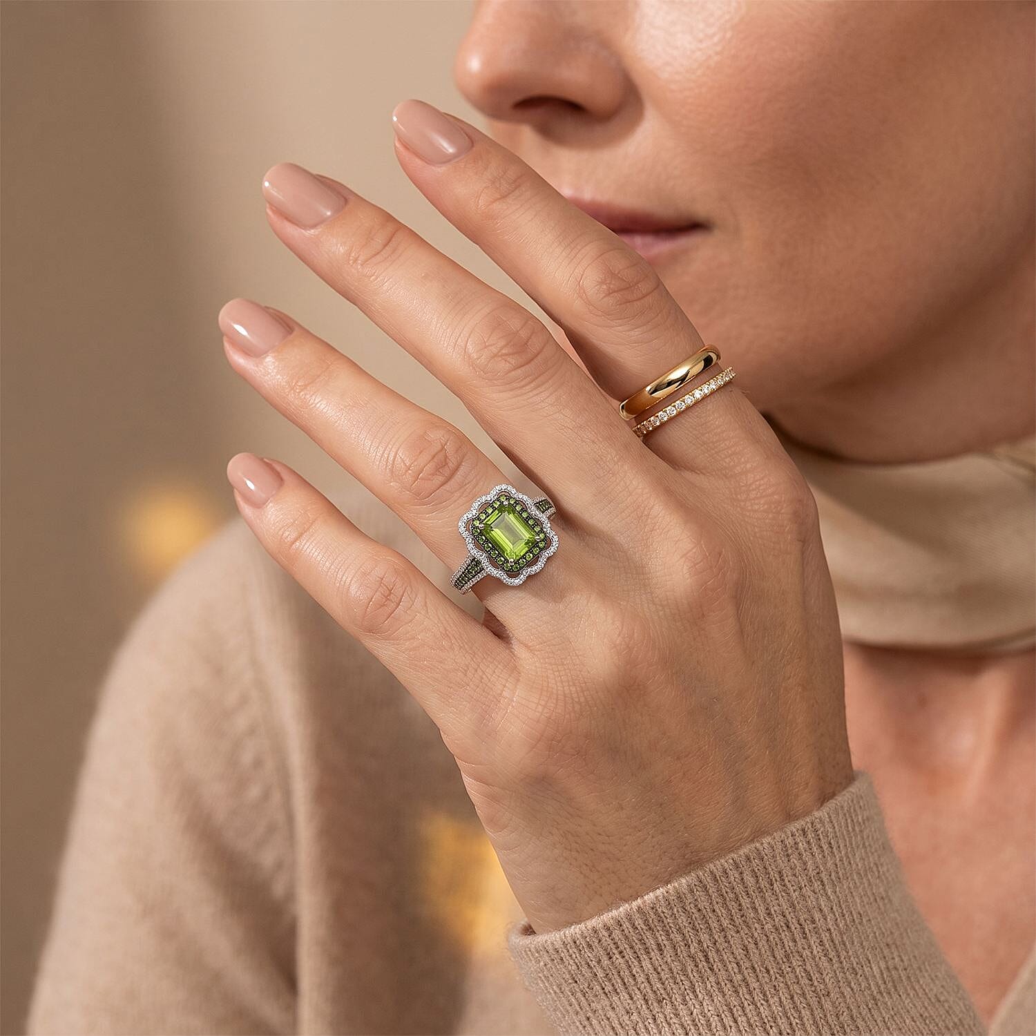 D'Joy Hebei Peridot and Multi Gemstone 3.65 ctw Camellia Floral Ring in Rhodium Over Sterling Silver (Size 6.0)