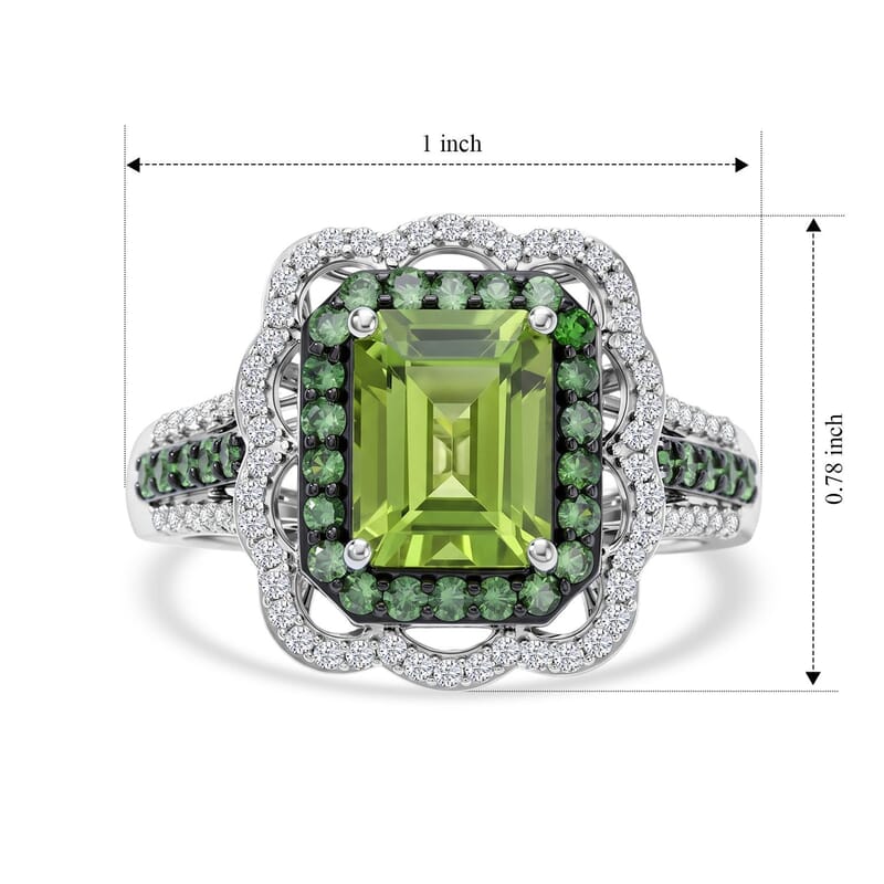 D'Joy Hebei Peridot and Multi Gemstone 3.65 ctw Camellia Floral Ring in Rhodium Over Sterling Silver (Size 6.0)