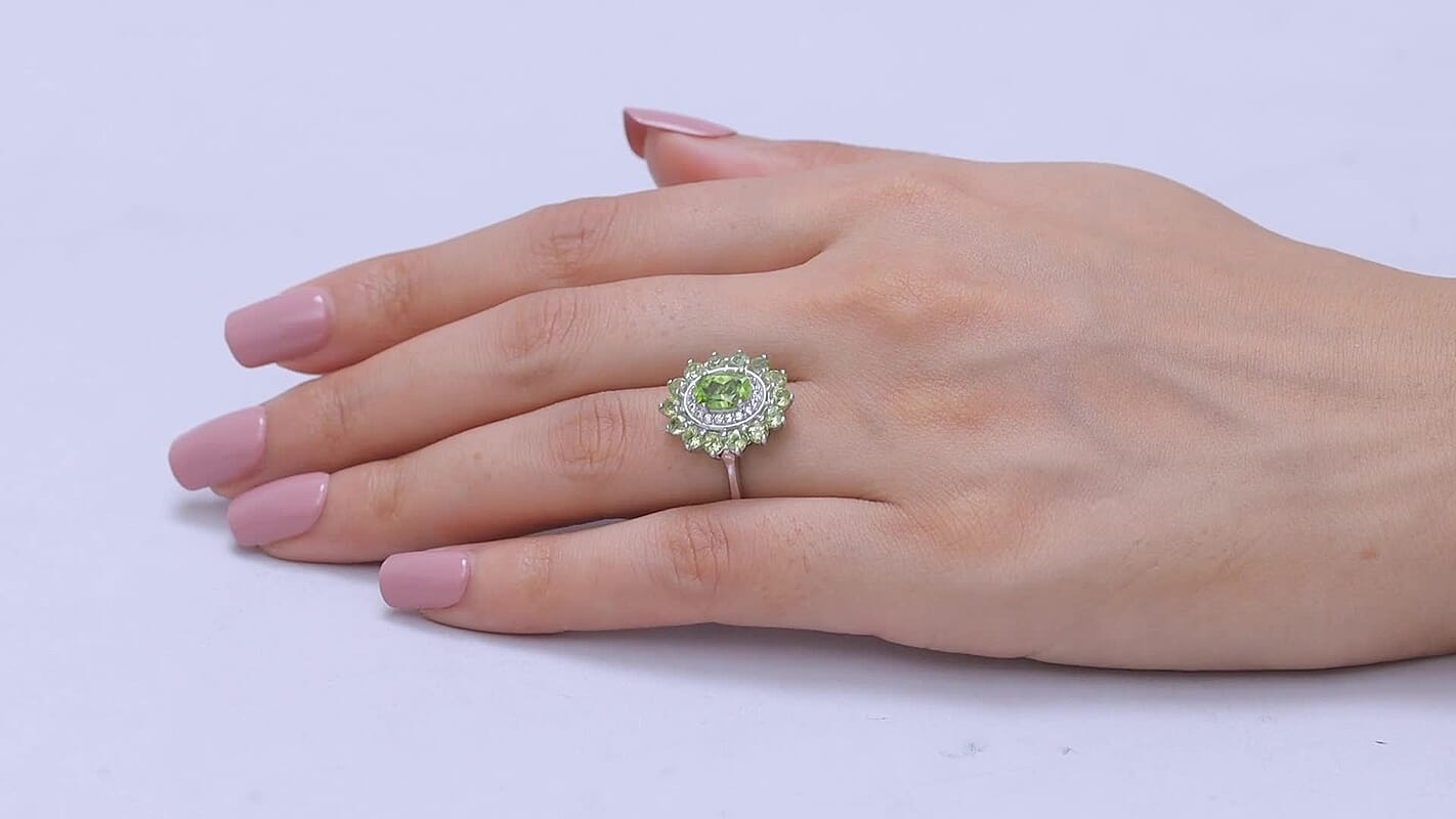 EverTrue Hebei Peridot, White Zircon Ring in Platinum Bond (Size 6.0) 3.30 ctw