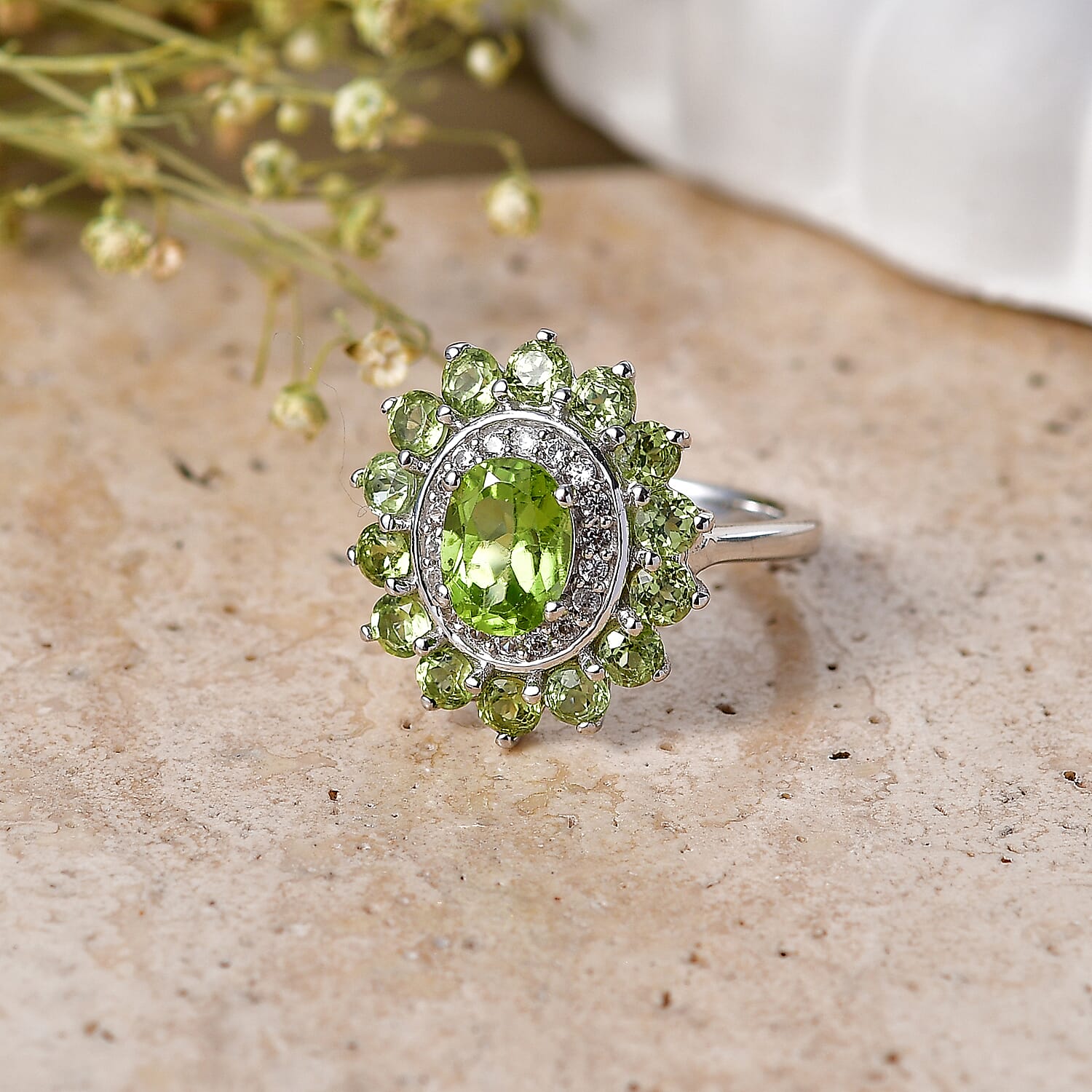 EverTrue Hebei Peridot and White Zircon 3.30 ctw Ring in Platinum Bond (Size 6.0)