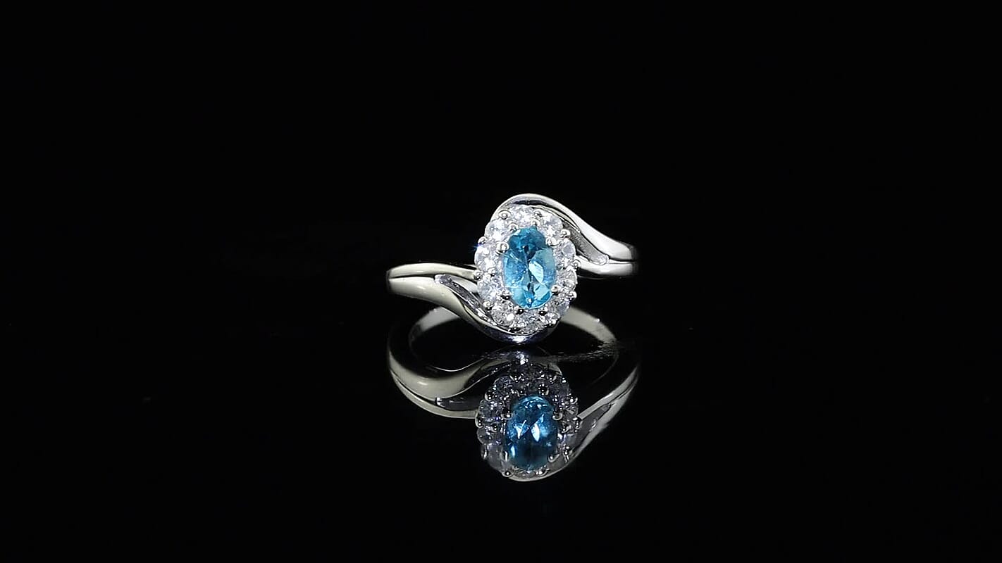 D''Joy Premium Betroka Blue Apatite, White Zircon Ring in Rhodium Over Sterling Silver (Size 6.0) 1.00 ctw