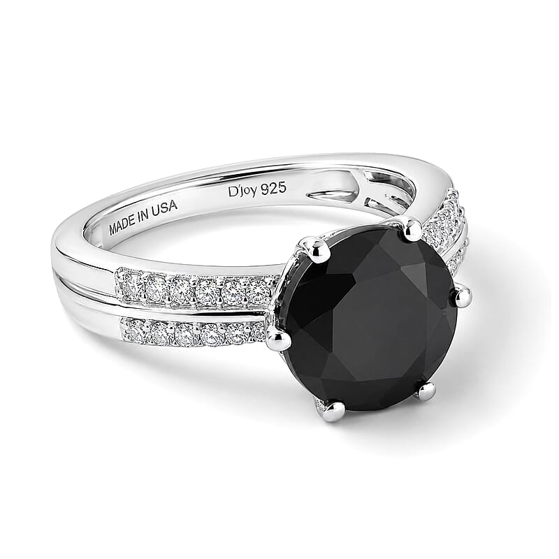D'Joy Australian Black Tourmaline and White Zircon 3.10 ctw Ring in Rhodium Over Sterling Silver (Size 8.0)