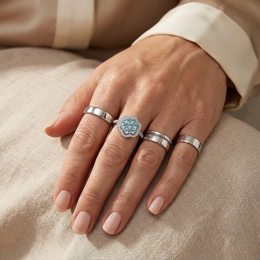 D'Joy Lagoon Apatite and White Zircon 1.40 ctw Ring in Rhodium Over Sterling Silver (Size 6.0)