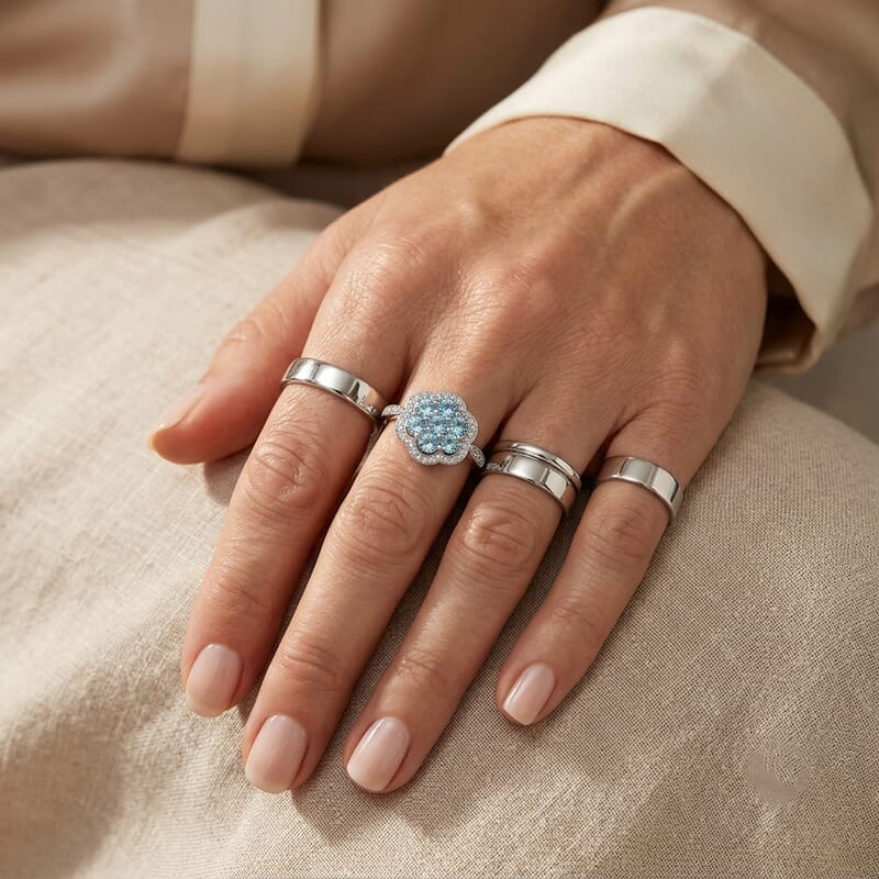 D'Joy Lagoon Apatite and White Zircon 1.40 ctw Ring in Rhodium Over Sterling Silver (Size 7.0)