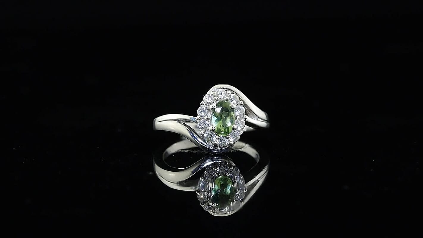 D'Joy Tanzanian Natural Green Apatite, White Zircon Ring in Rhodium Over Sterling Silver (Size 10.0) 1.00 ctw